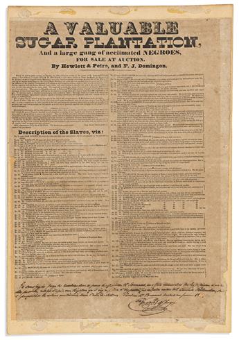 (SLAVERY.) A Valuable Sugar Plantation, and a Large Gang of Acclimated Negroes, for Sale at Auction.                                             